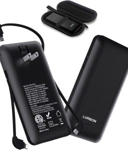 10000 mAh Portable Charger Power Bank,Slim External Battery Pack with Built in AC Wall Plug, USB C Cable Total 3 Different Cables Compatible with Cell Phone Tablet